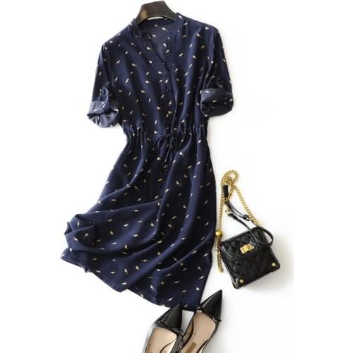 23mm 100% silk Bird print summer dress women 2021 new fashion v neck short sleeve knee length relax clothing