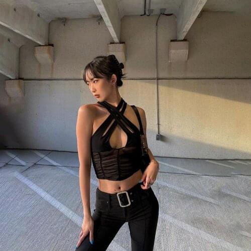 European and American style 2021 summer womens new style street fashion sexy mesh see-through beauty back slim cropped vest
