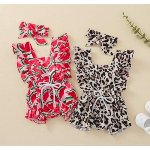 FOCUSNORM 0-24M Newborn Baby Girls Boys Cute Rompers Watermelon/Leopard Printed Ruffles Sleeve Jumpsuits