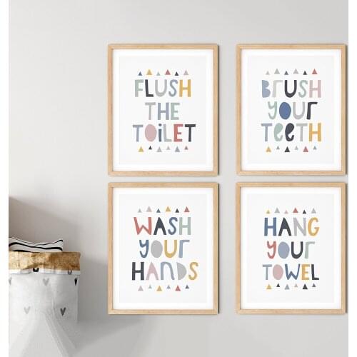 Bathroom Art Poster Flush the Toilet Brush Your Teeth Wash Your Hands Hang Your Towel Bathroom Rules Nursery Wall Art Decoration