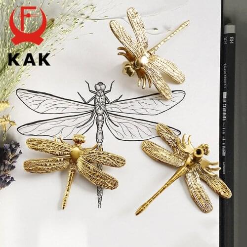 KAK Brass Dragonfly Furniture Decoration Handles Gold Butterfly Pulls Wardrobe Dresser Cupboard Cabinet Drawer Knobs Hardware