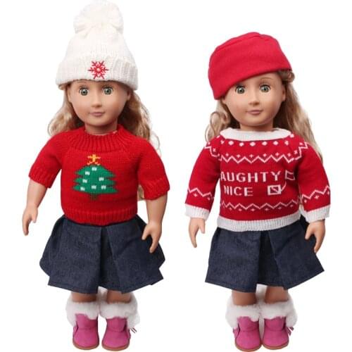 18 inch Girls doll clothes American newborn Fashionable red winter sweater suit + hat Baby toys fit 43 cm baby dolls c691
