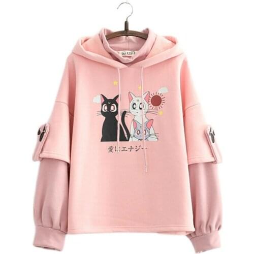 Harakuju Mori Girl Cartoon Cat Print Cute Hoodies Sweet Girl Long Sleeve Kawaii Fleece Pink Winter Hooded Sweatshirt Pullovers