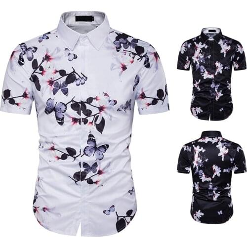 Mens Short Sleeved Shirt Turn Down Collar Beach Cardigan Shirt with Personalized Floral Print Casual Single-Breasted Tops