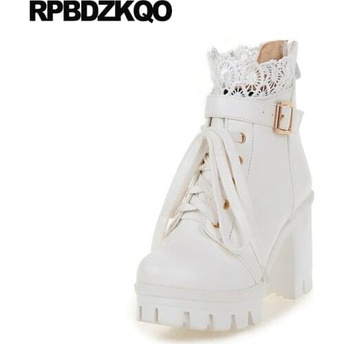 High Heel Round Toe Lace Ankle 2017 Waterproof White Platform Boots Cheap Booties Shoes Short Belts Up 11 Size 10 43 Big Kawaii
