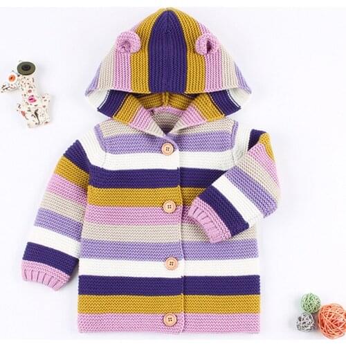 IYEAL Autumn Winter Boys Sweater Childrens Clothing Cute Ears Striped Hooded Kid Baby Girl Sweaters Baby Clothes Tops Knitwear