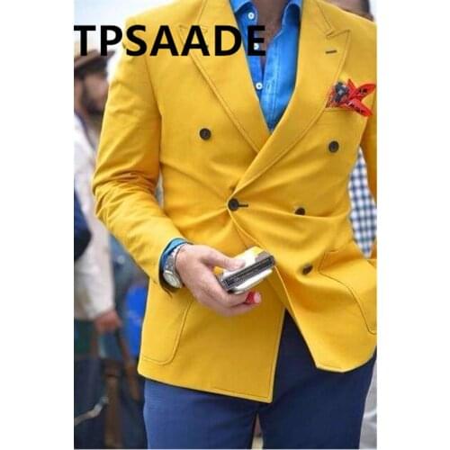 The latest jacket yellow slim fit suit mens custom groom dance smoking double-breasted suit jacket (coat + pants)