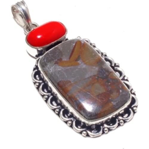 Genuine Leopard Skin Jasper + Coral Pendant Silver Overlay over Copper , Hand made Women Jewelry gift