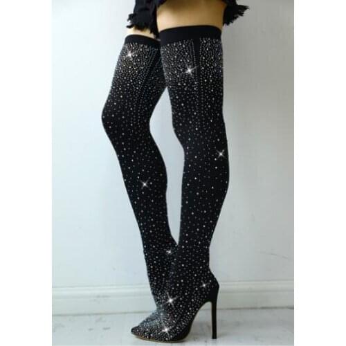 Spring Cheap Woman Sexy Black Diamond Bling Bling Pointed Toe Thin Heels Slip On Over The Knee Slim Thigh Long Boots Lady