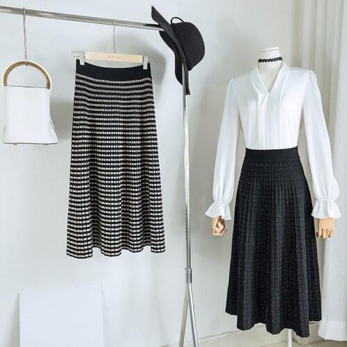 Sherhure 2020 Autumn Knitted Long Skirts Faldas High Waist Plaid Thick Jupe Femme Saia Women A-line Pleated Skirt