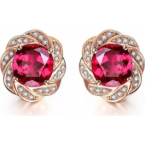 14k Rose Gold Color Flower Red Crystal Ruby Gemstones Diamonds Stud Earrings For Women Classical Jewelry Brincos Fashion Bijoux