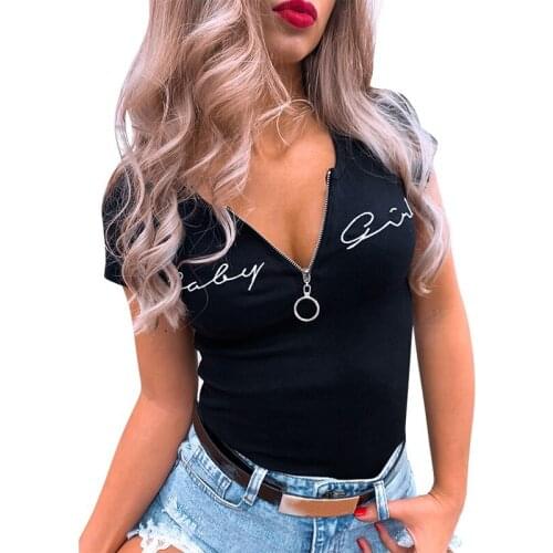 Womens Summer Sexy Round Neck Zipper English Embroidered Top Black XL Size