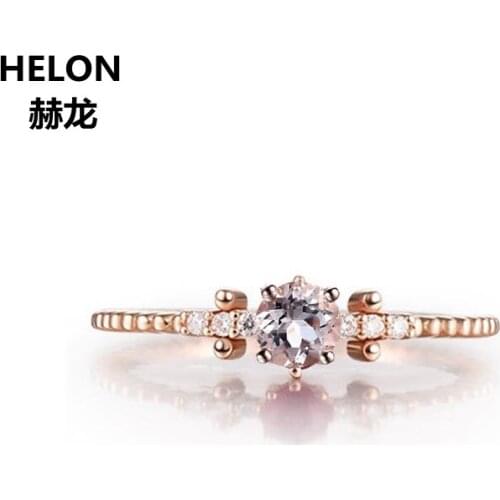 Women Solid 14k Rose Gold Natural Diamonds Engagement Ring 0.3ct Round Cut Natural Morganite Wedding Ring Trendy Party Jewelry