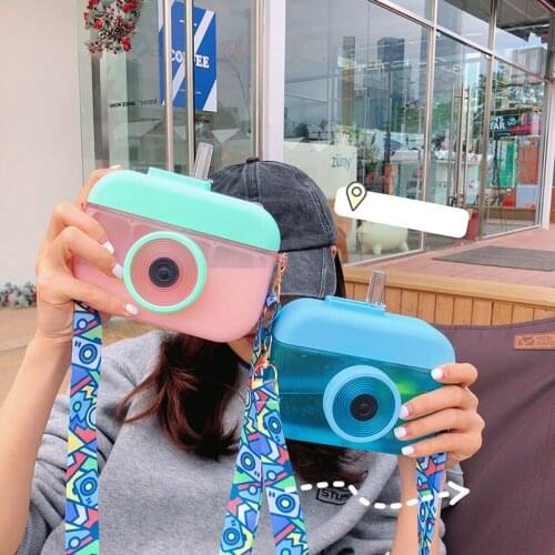 400Ml Cute Camera Kettle Creative Kids Water Bottle with Straw Outdoor Anti Fall Portable Strap Plastic Drinking Water Cup