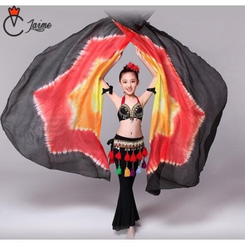 Children Performance Props 1 Pair Half Moon Dance Veil Silk Rainbow Belly Dance 100% Silk Half Circle Wings include bag sticks