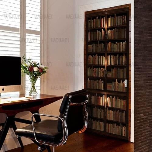 Retro Calm Feeling Home Decoration Door Stickers Library Bookshelf Bedroom Living Room Study Room Door Decals Self-Adhesive