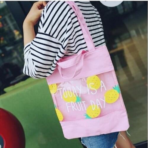 1 piece Shoulder Bag Fruit English Canvas Bag Transparent Shopping Bag Splice Handbag Beach Cute Women Jelly Ba