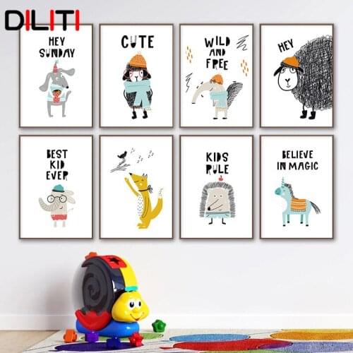 Cute Cartoon Animal Canvas Painting Rabbit Fox Zebra Koala Wall Pictures Nordic Baby Kids Bedroom Decor Posters and Prints