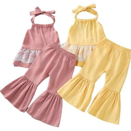 New 2Pcs Little Girls Outfit, Sweet Style Lace Splicing Sleeveless Hanging Neck Tops + Solid Color Long Bell-bottomed Pants Set