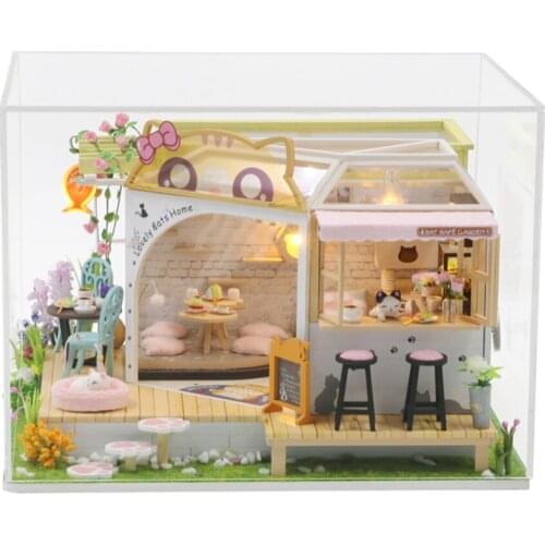 Handcraft Miniature Dollhouse Plus LED Light & Dustproof Cover Wooden Crafts Cat & Coffee House 3D Puzzles Model Toys for Girls