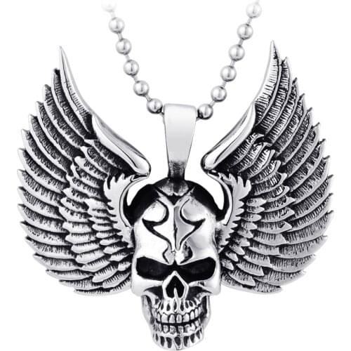 Wholesale Stainless Steel Skull Pendant Necklace for Man Punk Vintage Wing Choker Necklaces Men Gothic Hip Hop Jewelry 2020