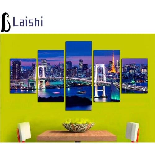 5pcs Full Square&round drill Diamond embroidery Tokyo bridge City night Diamond Painting Cross Stitch Rhinestone decor gift