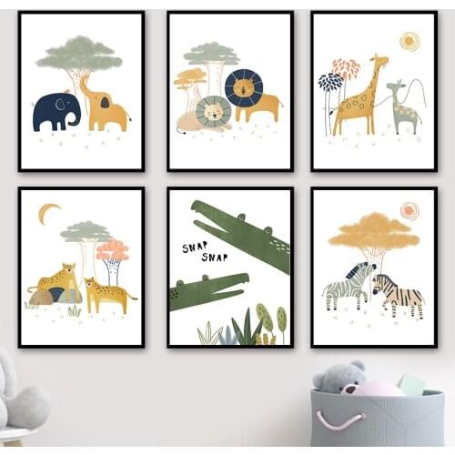 Cartoon Jungle Animal Lion Elephant Giraffe Wall Art Canvas Painting Nordic Posters And Prints Wall Pictures For Kids Room Decor