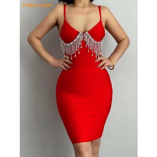 2021 New Womens Rhinestone Tassel Diamond V-Neck Bandage Dress Mini Sexy Spaghetti Elegant Vestidos Celebrity Party Dobanmbd