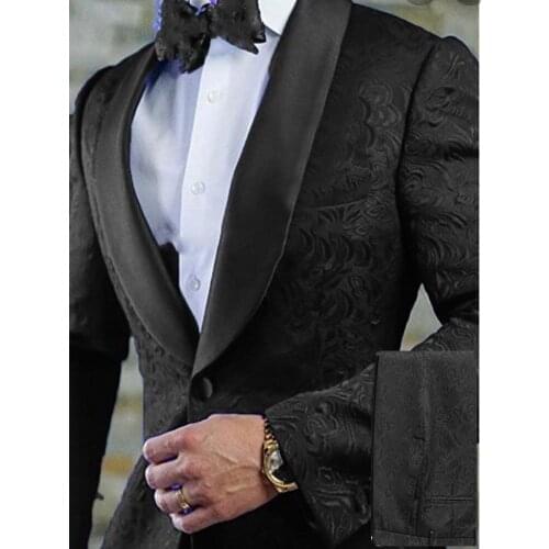 New Style Groomsmen Black Pattern Groom Tuxedos Shawl Lapel Men Suits 2 Pieces Bridegroom ( Jacket + Pants + Bow Tie )D301