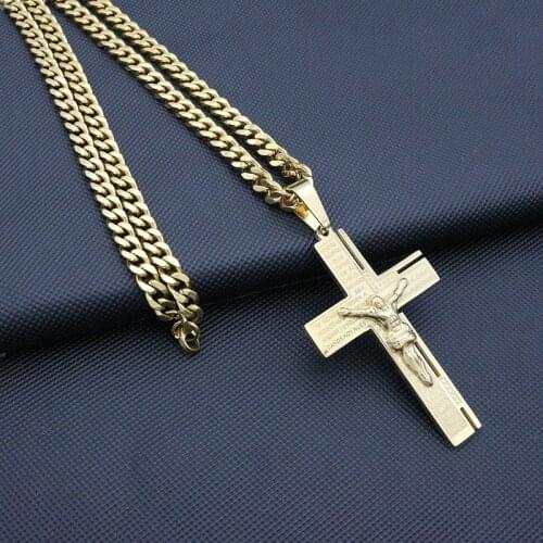 New Arrivals Mens Gold Cross Jesus Pendant Necklace 6MM/60CM Chain Stainless Steel Gold Women Cross Necklace For Women Jewelry