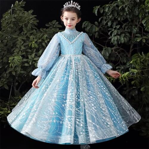 2020Autumn Winter Luxury New Girls Long Sleeves Dequined Model Show Catwalk Host Piano Dress Kids Teens Birthday Evening Dress