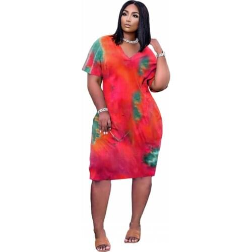 Africa Big Dress Africa New Fashion Womens Sexy Loose Tie-Dye Print V-Neck Casual Dress Summer Short Sleeve T-Shirt Dress 3XL