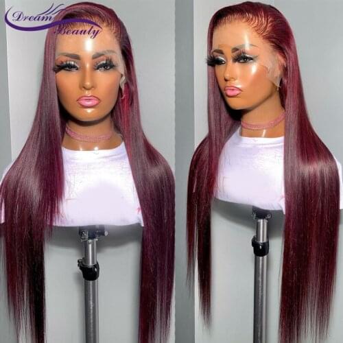 Straight Hair 13X4 Lace Front Wig Human Hair Wigs 99J Red Burgundy Pre-Plucked 180% Remy Human Hair Dream Beauty