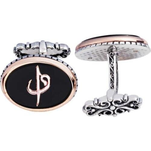 Silver Aleph Vav Embroidered Onix Stone Oval Cufflinks