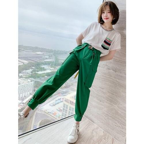 Top Quality Contrast knitted loose T Compassionate+New summer high waisted overalls