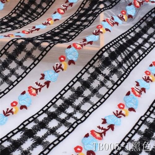 TB005 Black Colorful Gauze End Embroidered Lace Fabric 140cm width fashion evening dress fabric swiss voile lace in switzerland