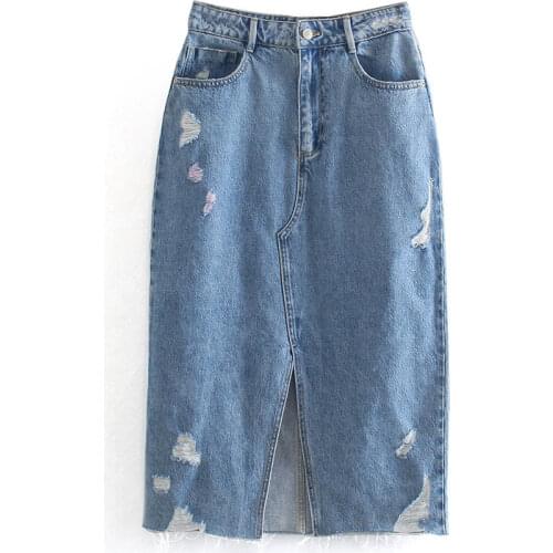 Za Vintage Elegant Midi Denim Skirt Women 2021 Fashion Hight Waist Slit Hole Female Skirts Chic Buttocks Skirts