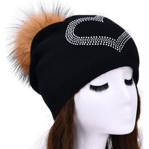 MAOMAOFUR Knitted Beanie Hat Women Rhinestone Wool Hats Warm Ladies Soft Beanie Head Accessories Gift Real Fur Pom Pom Cap