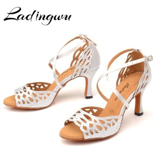 Ladingwu Woman Laser Rhinestone Latin Dance Shoes For Women Silver grey Satin Salsa Latin Shoes Sneakers Dance Shoes