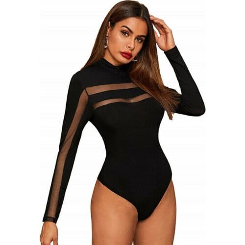2020 Women Sexy Sheer Mesh Lace Bodysuit Jumpsuit Long Sleeve Top Bodysuit See Through Ladies Romper One Piece Jumpsuit Clubwear