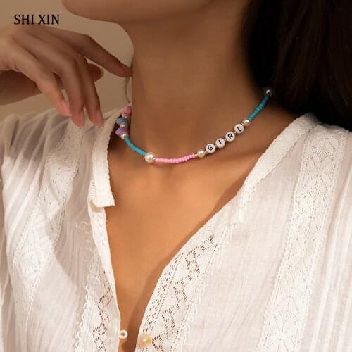 SHIXIN Bohemia Colorful Bead Heart Choker Necklace for Women Fashion Candy Letter Necklace Beaded Chain on the Neck Jewelry 2021