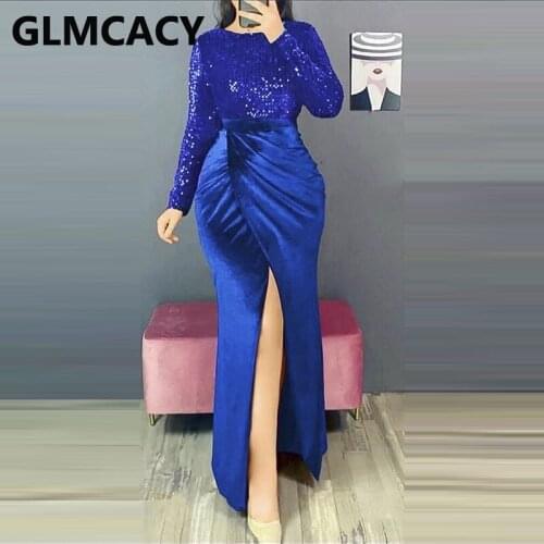 Women Long Sleeve Seuqined Patchwork Maxi Dress Elegant High Slit Evening Party Dress