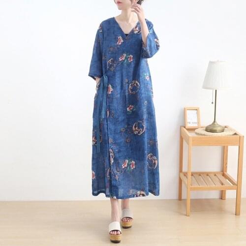Johnature Women Ramie Vintage Dresses Print Floral V-Neck Half Sleeve Dress 2021 Summer New Belt Casual Loose Irregular Dress