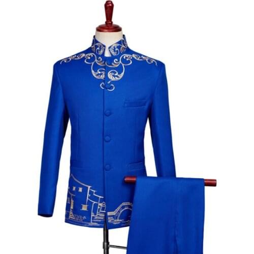 Blazer men groom suit set with pants embroidery Chinese tunic suit mens singer star style dance stage clothing formal dress