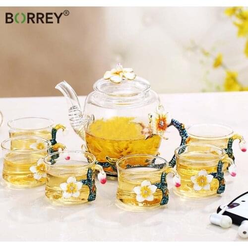 BORREY Enamel Teapot Glass Coffee Pot Cup Set Flower Puer Oolong Tea Kettle Heat Resistant Glass Teapot Kung Fu Tea Set Gift Box