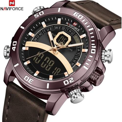 NAVIFORCE Men LED Digital Quartz Sport Watch Business Top Brand Luxury WristWatch Military Genuine Leather Male Clock 2021 NEW