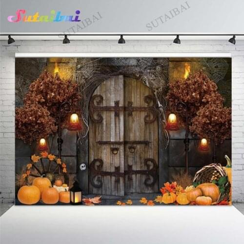 Halloween Photo Backdrop Old Wooden Door Rural Autumn Pumpkin Maples Party Baby Child Portrait Photo Photocall Photozone Studio