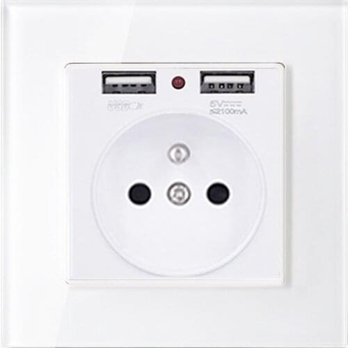 France Crystal Glass Panel Dual Usb Charge Port 2.1a Wall Charger Adapter Led Indicator 16a Eu Socket Power Outlet white Color