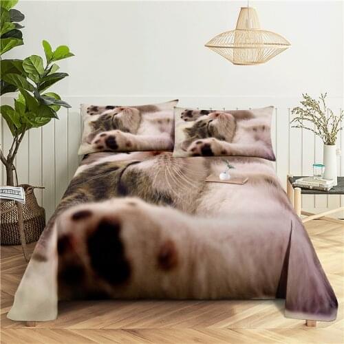 Lovely Cat 0.9/1.2/1.5/1.8/2.0m Digital Printing Polyester Bed Flat Sheet With Pillowcase Print Bedding Set
