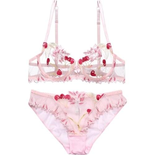 Womens underwear Pink Bra and Panties Set Transparent Bra Set Lingerie Kawaii Cherry Embroidery Underwear Women Bra Unlined